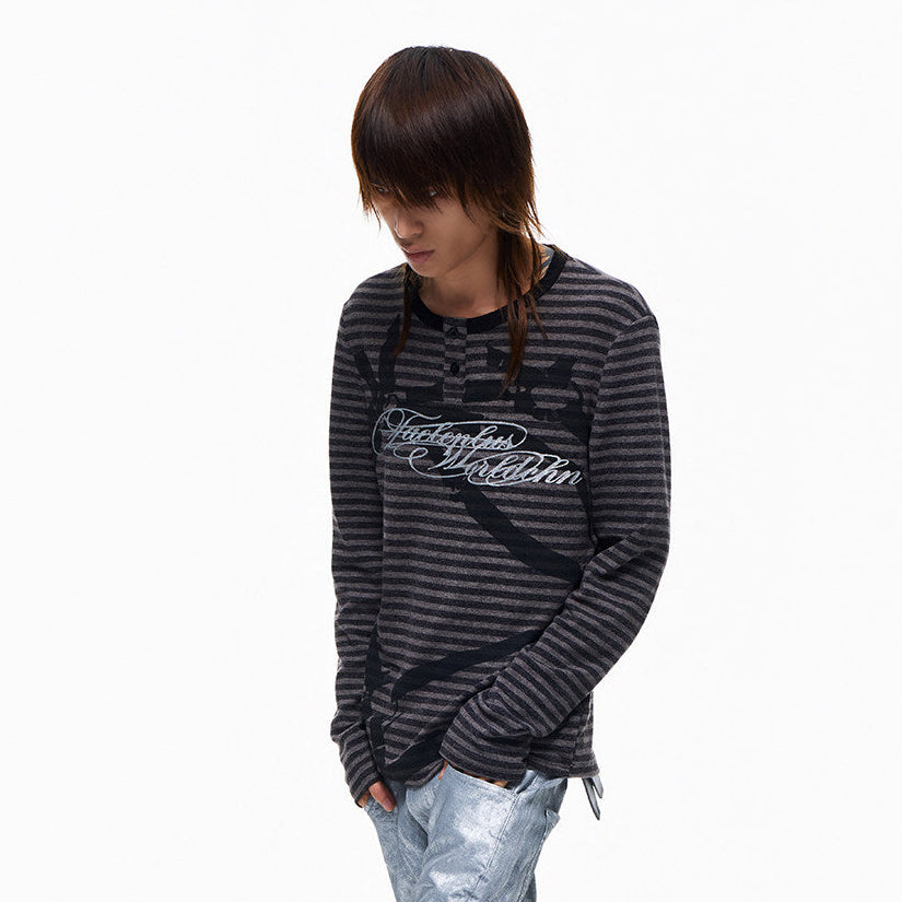 Striped Glitter Print Henley Long Sleeve T-Shirt WN27349