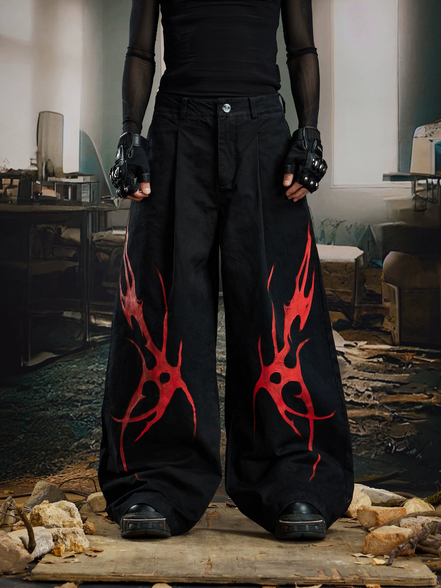 Paint Graffiti Pleats Washed Wide Leg Denim Jeans WN21379