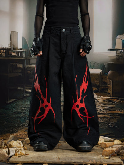 Paint Graffiti Pleats Washed Wide Leg Denim Jeans WN21379