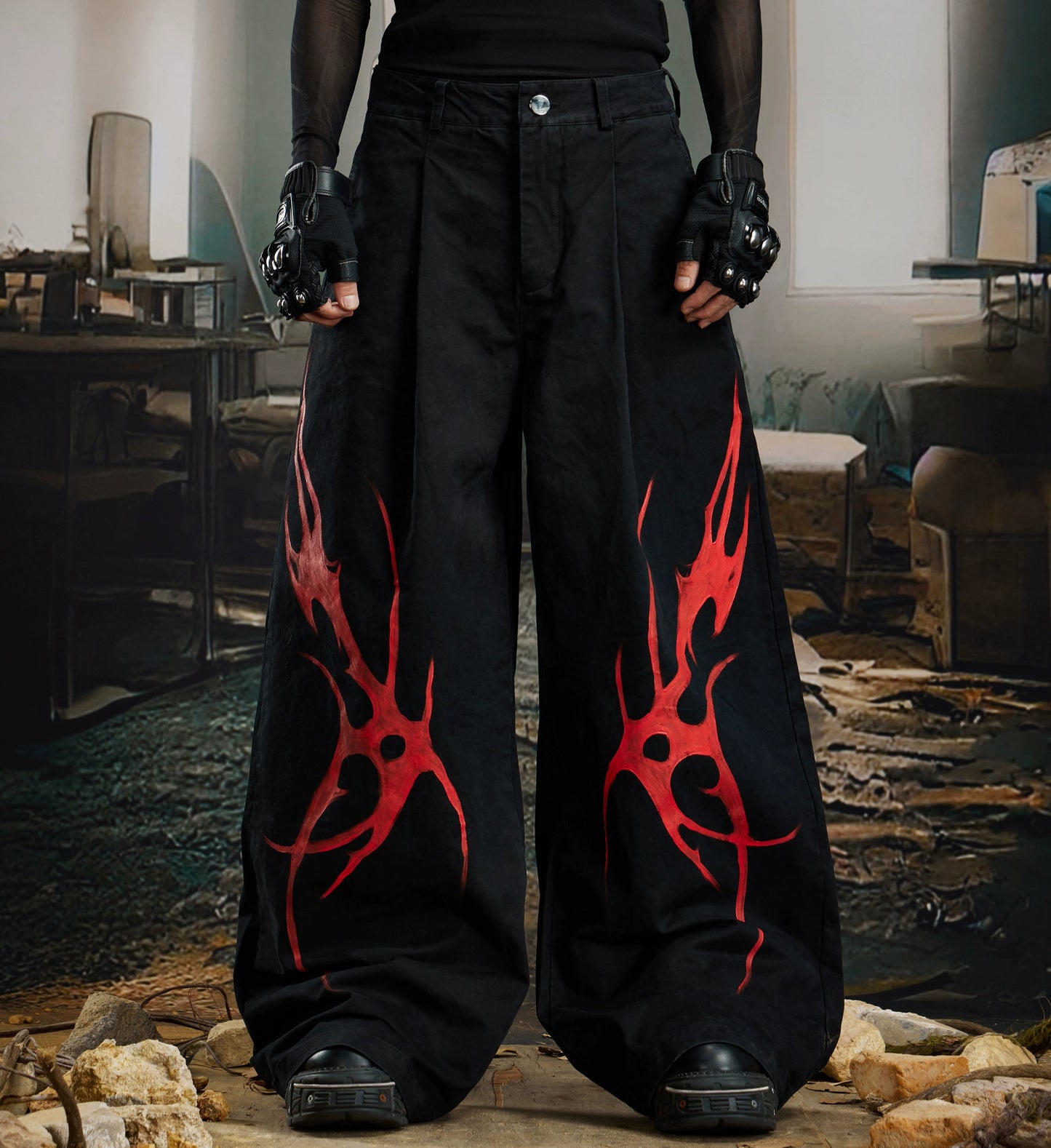 Paint Graffiti Pleats Washed Wide Leg Denim Jeans WN21379