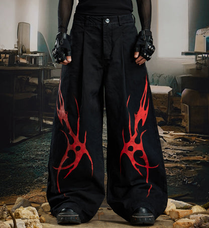 Paint Graffiti Pleats Washed Wide Leg Denim Jeans WN21379