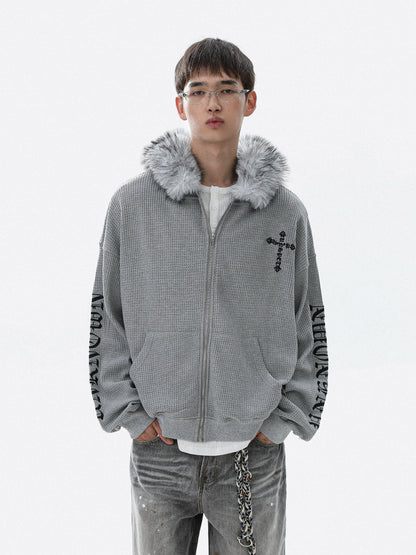 Embroidery Fake Fur-Collar Thick Zipper Hoodie WN22104