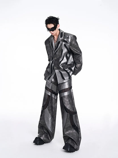 PU Leather Tailored Jacket & Wide-Leg PU Leather Pants Setup WN10233