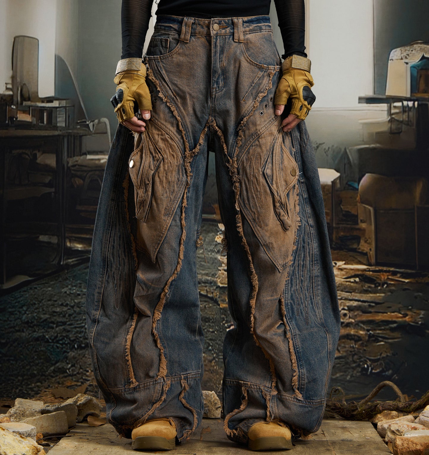 Deconstruction Raw Edge Wide Leg Curved Leg Denim Jeans WN22779