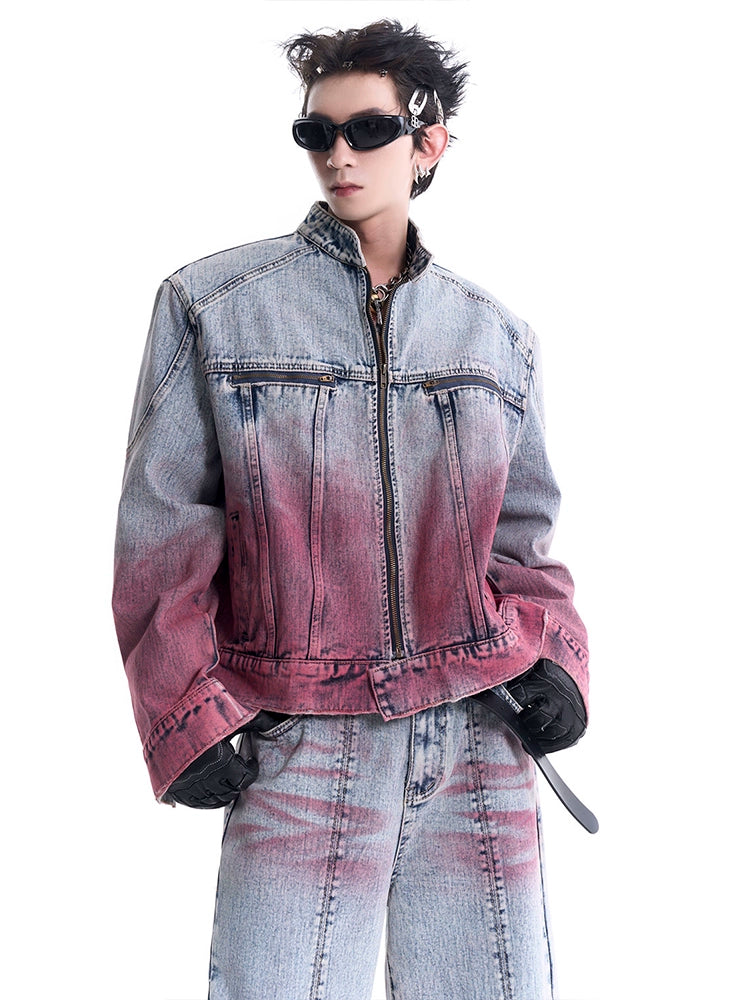 Wash Gradient Denim Jacket & Wide-leg Zipper Design Denim Jeans Setup WN8101