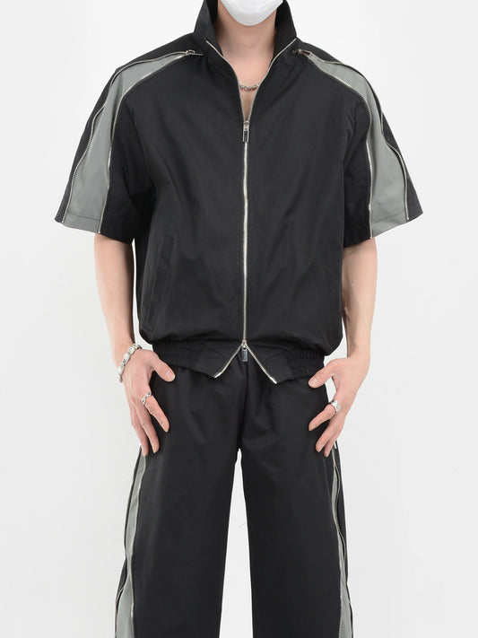 Zipper Deisgn Sporty Short Sleeve Shirt & Zipper Design Wide-leg Sporty Pants Setup WN6135