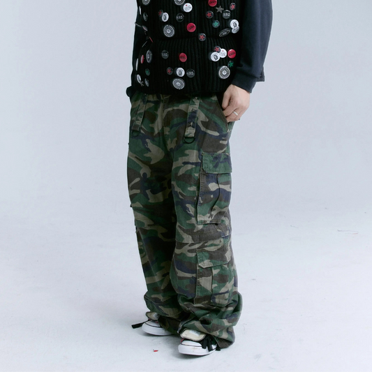Adjustable Drawstring Multi-Pocket Camouflage Wide Leg Cargo Pants WN17211