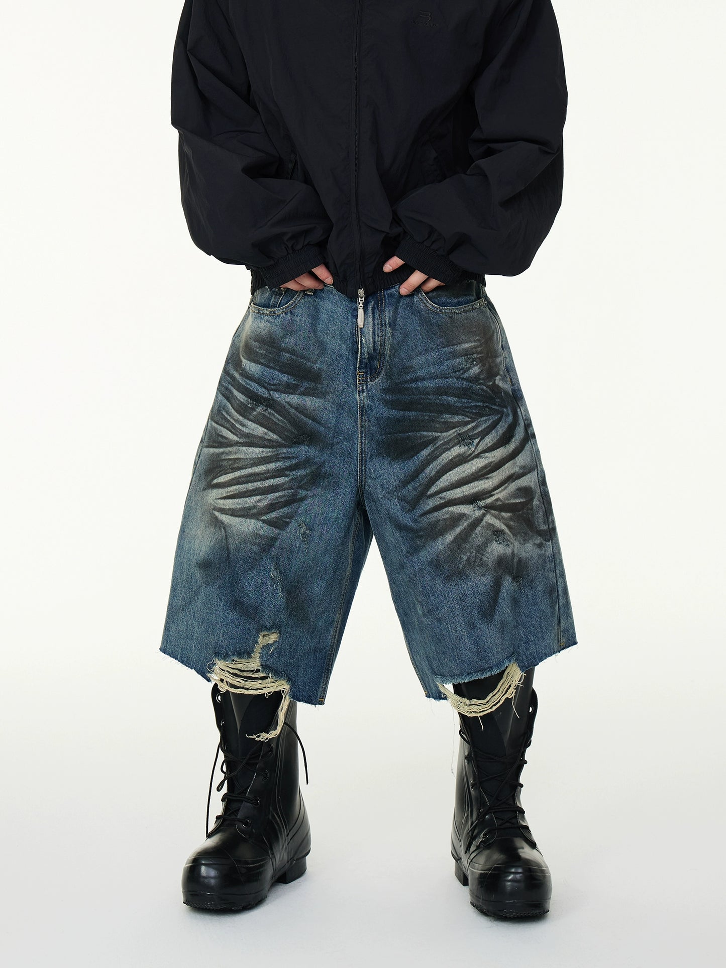 Wash Crinkle Cut Hem Denim Half Jeans WN16933