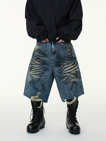 Wash Crinkle Cut Hem Denim Half Jeans WN16933