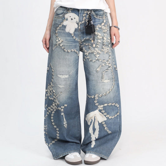Crystal Chain Detail Wide-Leg Denim Jeans WN24418