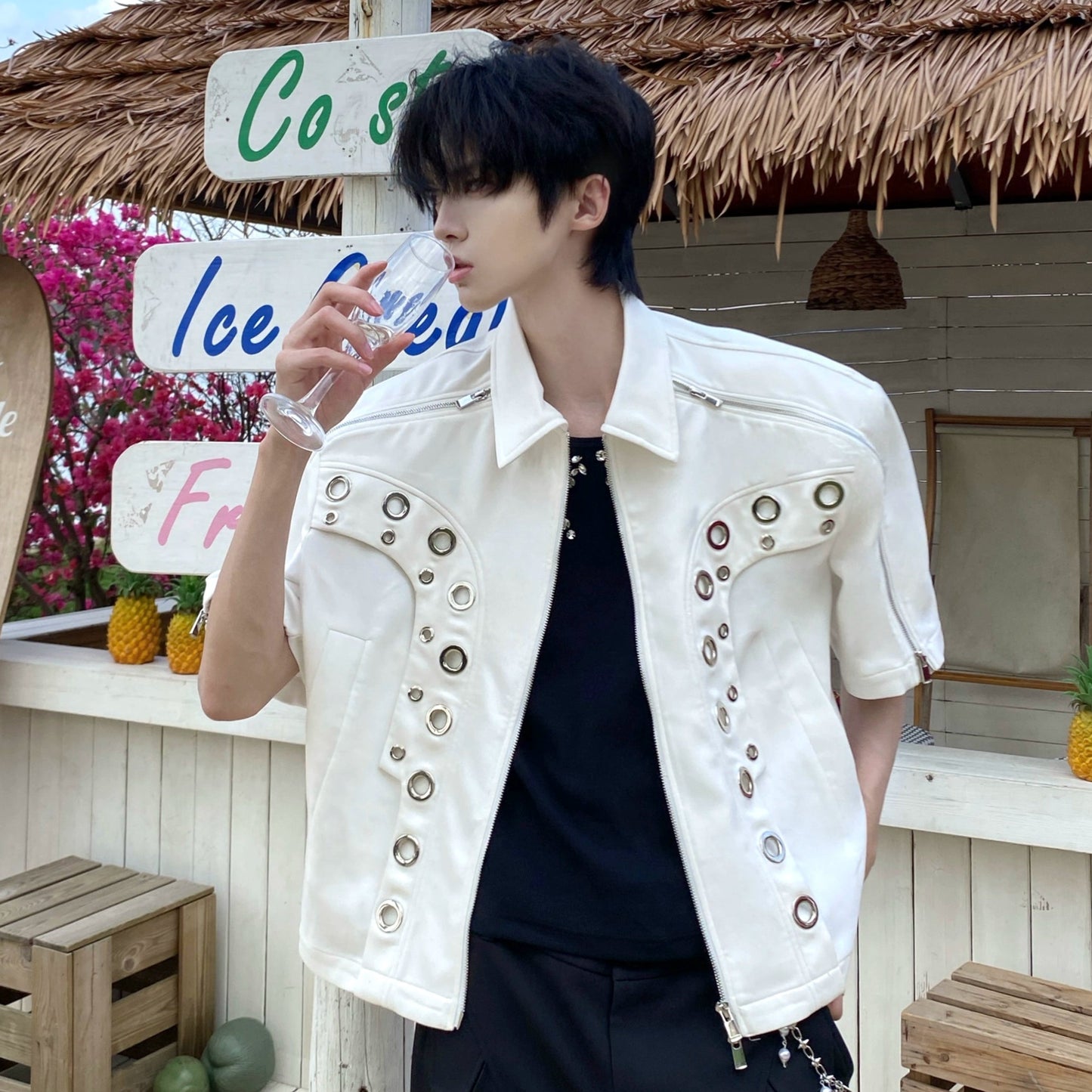 Metal Hollow Shoulder-Pad Zipper Jacket WN20739