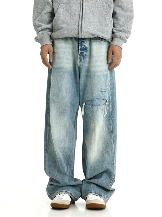 Washed Damage Wide-Leg Straight Denim Jeans WN5783