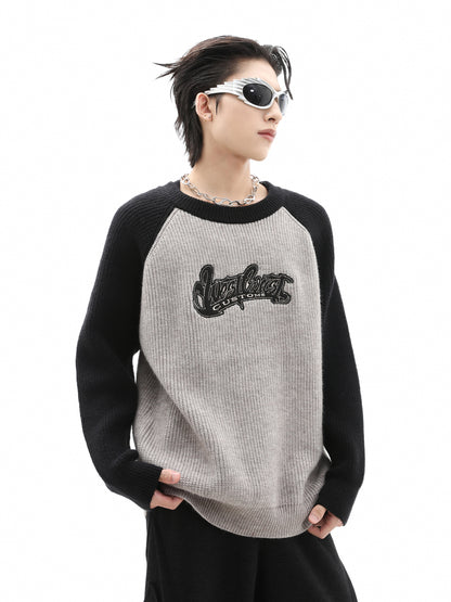 Color-Block Raglan Sleeve Embroidery Knit Sweater WN10517