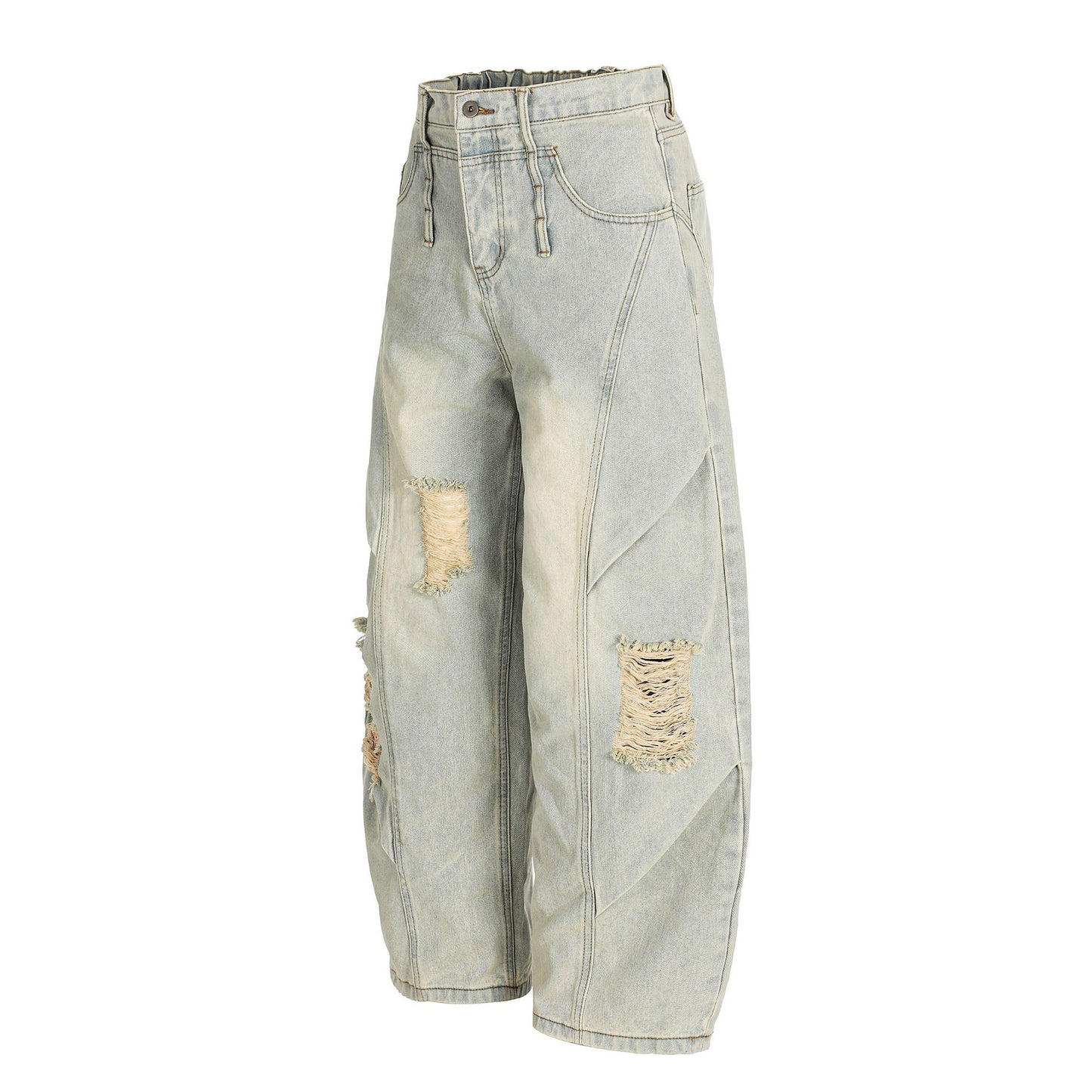 Washed Damage Curved Wide Leg Denim Jeans WN25912
