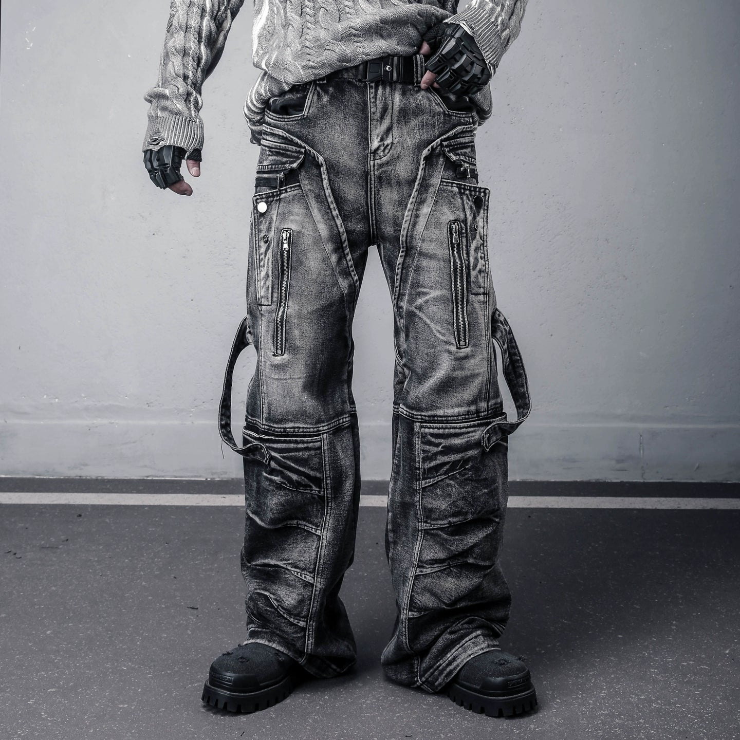 Wash Zipper Pocket Mix Patch Wide Leg Denim Jeans WN22396