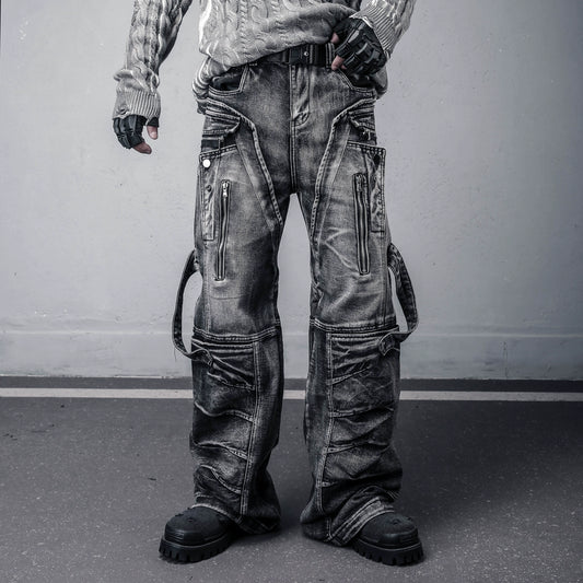 Wash Zipper Pocket Mix Patch Wide Leg Denim Jeans WN22396