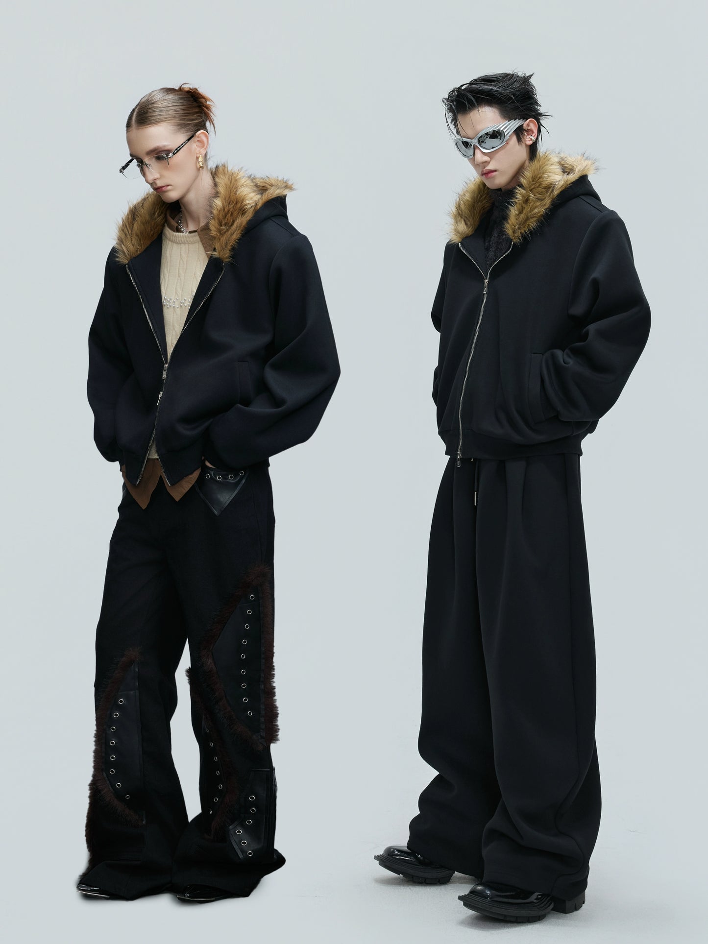 Fur Collar Zipper Hoodie & Sweatpants Setup WN21744