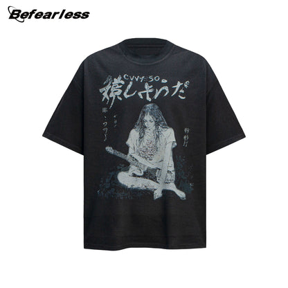 Waffle Portrait Print Oversize Short Sleeve T-Shirt WN26388