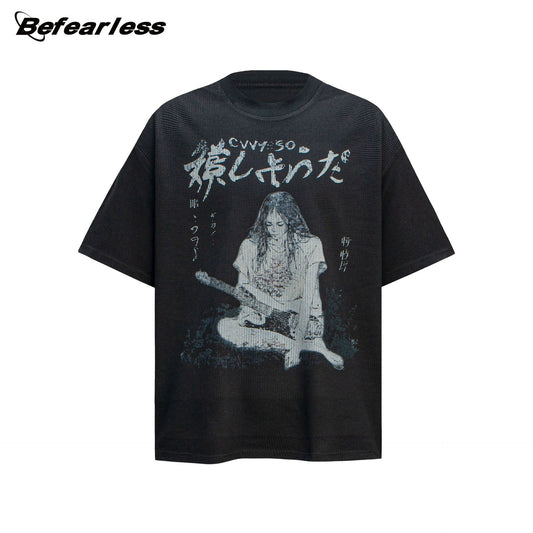 Waffle Portrait Print Oversize Short Sleeve T-Shirt WN26388