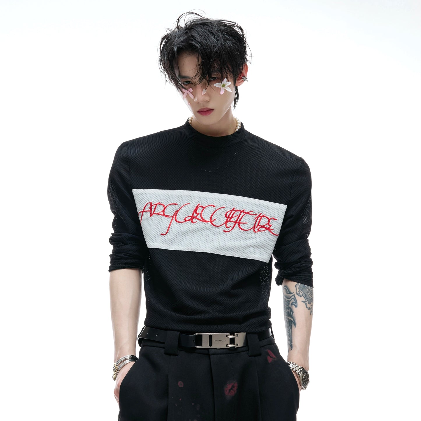 Mesh Stretch Embroidery Colorblock Long Sleeve T-Shirt WN20535