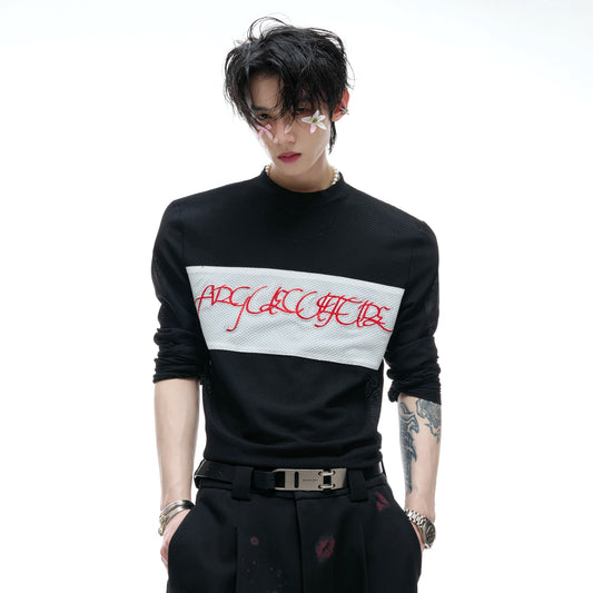 Mesh Stretch Embroidery Colorblock Long Sleeve T-Shirt WN20535