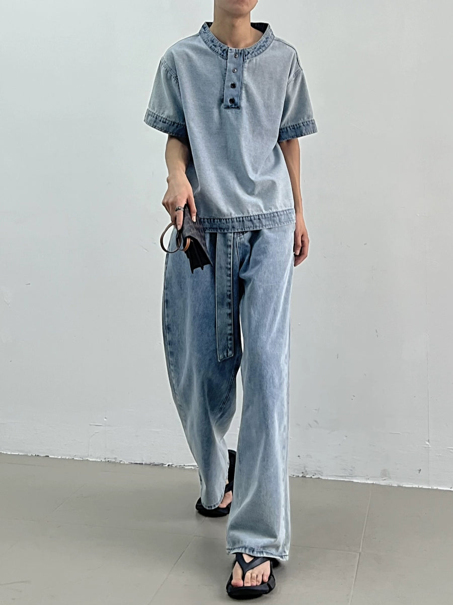 Short Sleeve Denim T-shirt & Wide-Leg Straight Belted Denim Jeans Setup WN7409