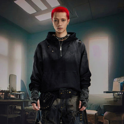 Washed Damage Half Zipper Hoodie WN20588