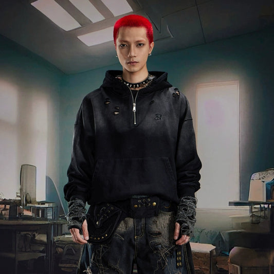 Washed Damage Half Zipper Hoodie WN20588