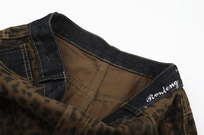 Leopard Print Curved Wide Leg Denim Jeans WN25679