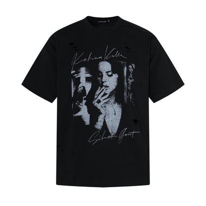 Damage Portrait Print Short Sleeve T-Shirt WN25495
