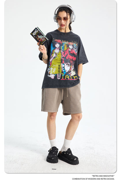 Cartoon Girl Print Washed Short Sleeve T-Shirt WN16269