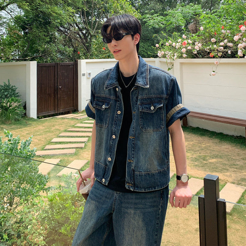 Washed Denim Short Sleeve Jacket & Wide Leg Denim Jeans Setup WN25033