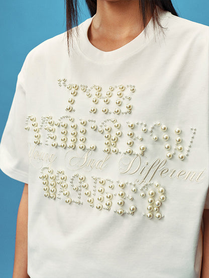 Pearl Letter Embroidery Oversize Short Sleeve T-Shirt WN23246