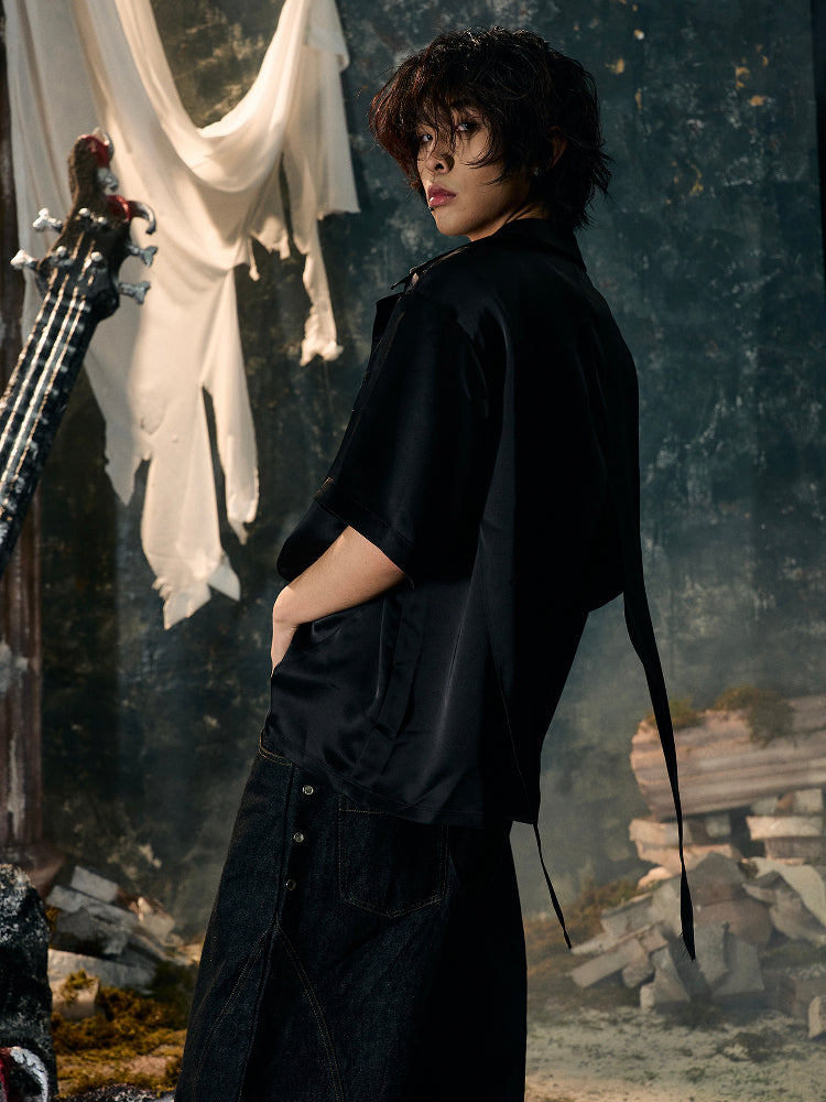 Cross Satin Design Studs Short Sleeve Shirt WN15866