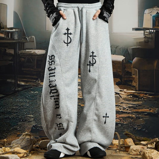 Washed Graphic Print Fleece Lining Sweat Pants WN22767