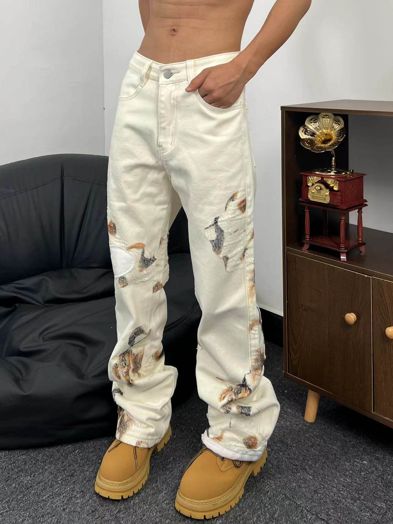 Flame Lace Straight Wide Leg Denim Jeans WN24104