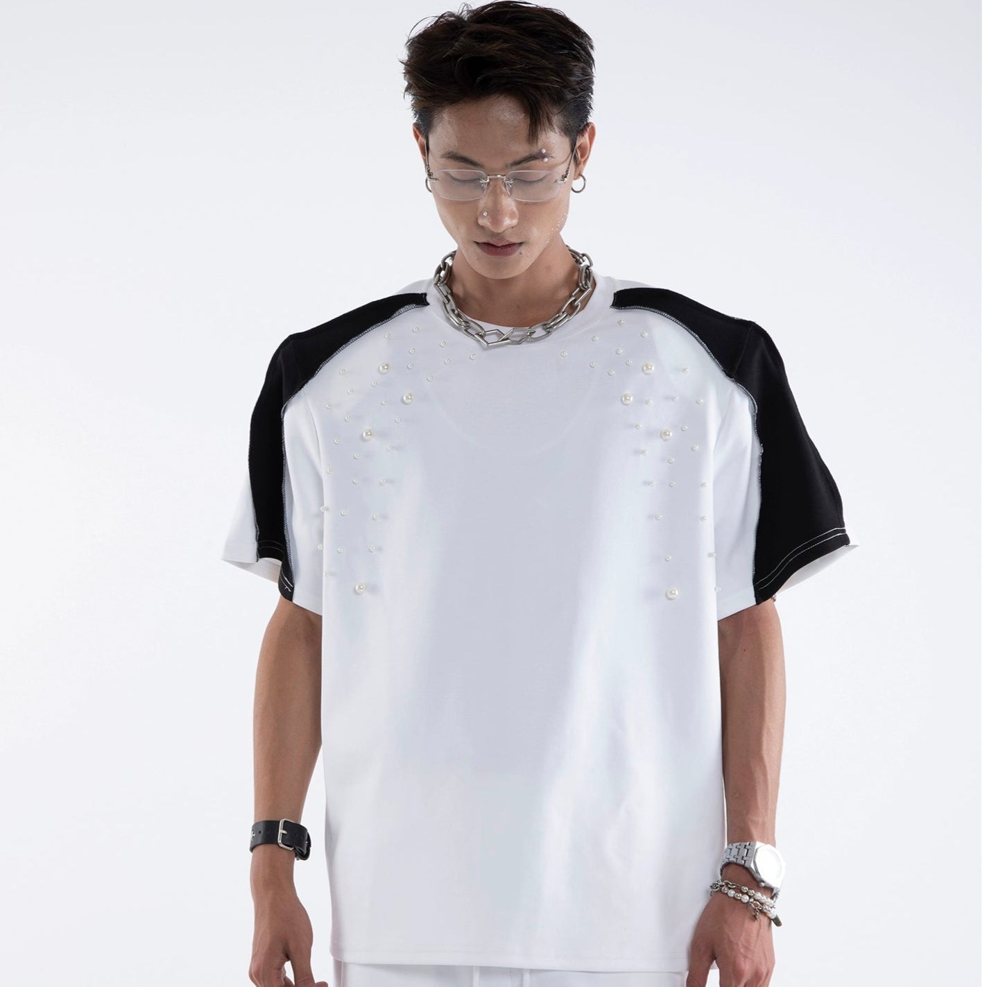 Beading Paint Shoulder-Pad Short Sleeve T-Shirt & Wide Leg Pants Setup WN20640