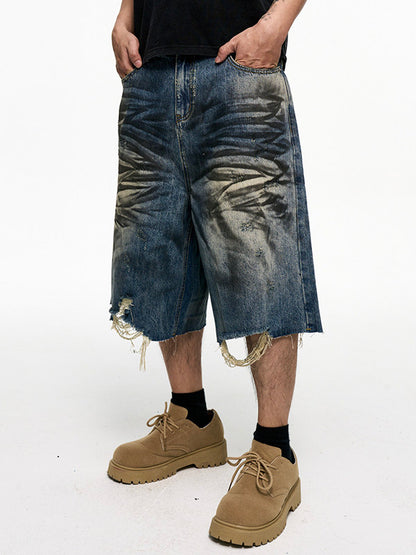 Pleats Washed Damage Wide Leg Denim Short Jeans WN24343