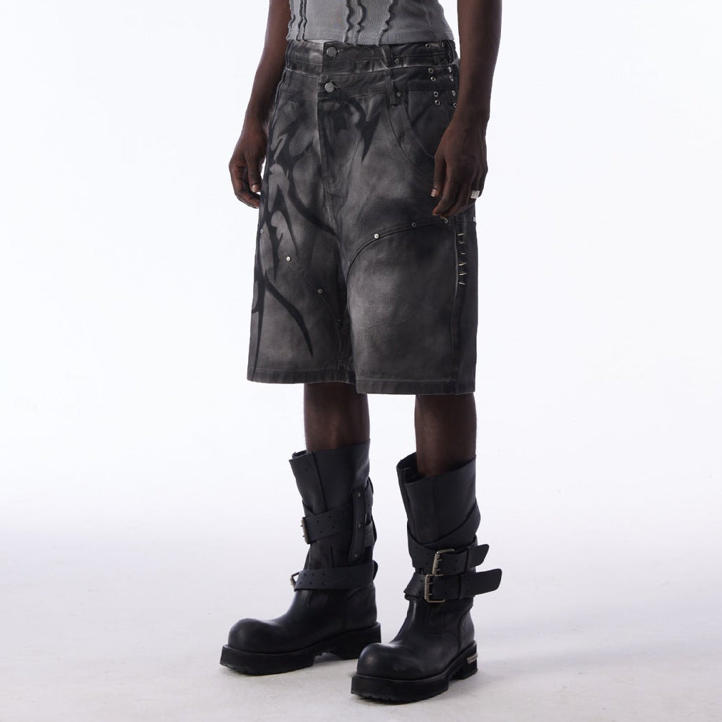 Washed Graffiti Dirty-Dye Denim Half Pants WN25741