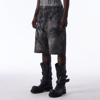 Washed Graffiti Dirty-Dye Denim Half Pants WN25741