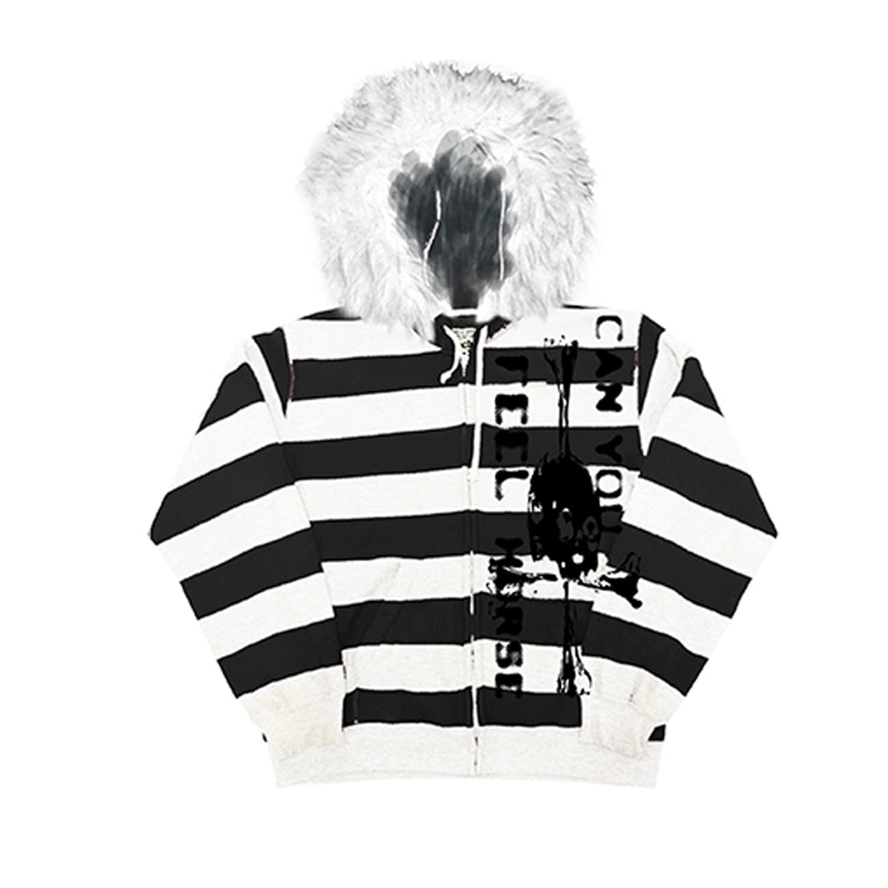 Skull Cross Wide Stripe Fake Fur Collar Zipper Hoodie WN20920