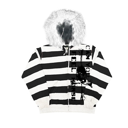Skull Cross Wide Stripe Fake Fur Collar Zipper Hoodie WN20920