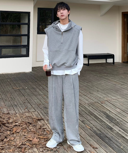 Half-Zip Hooded Vest & Wide Leg Pants Setup WN25281