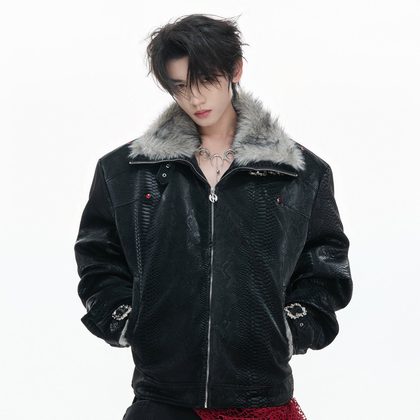 Original Snake Texture Padded Thick PU Leather Jacket WN23331