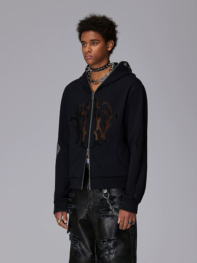 Hollow Mesh Embroidery Short Zipper Hoodie WN17946
