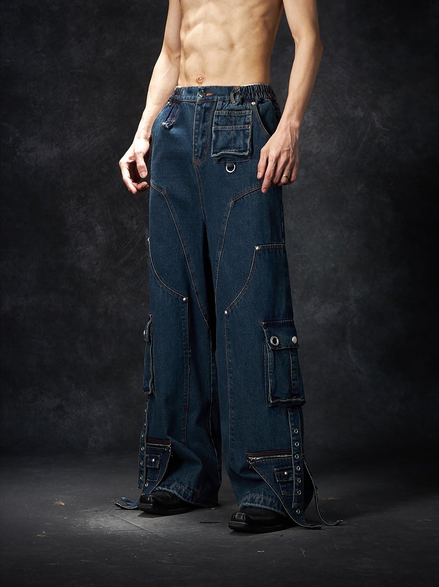 Multi-pocket Strap Washed Damage Wide Leg Denim Jeans WN15246
