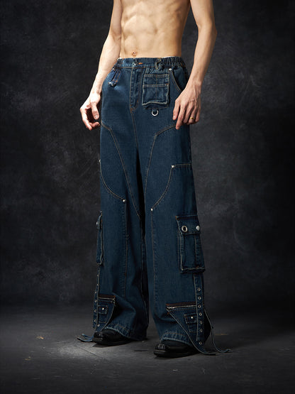 Multi-pocket Strap Washed Damage Wide Leg Denim Jeans WN15246