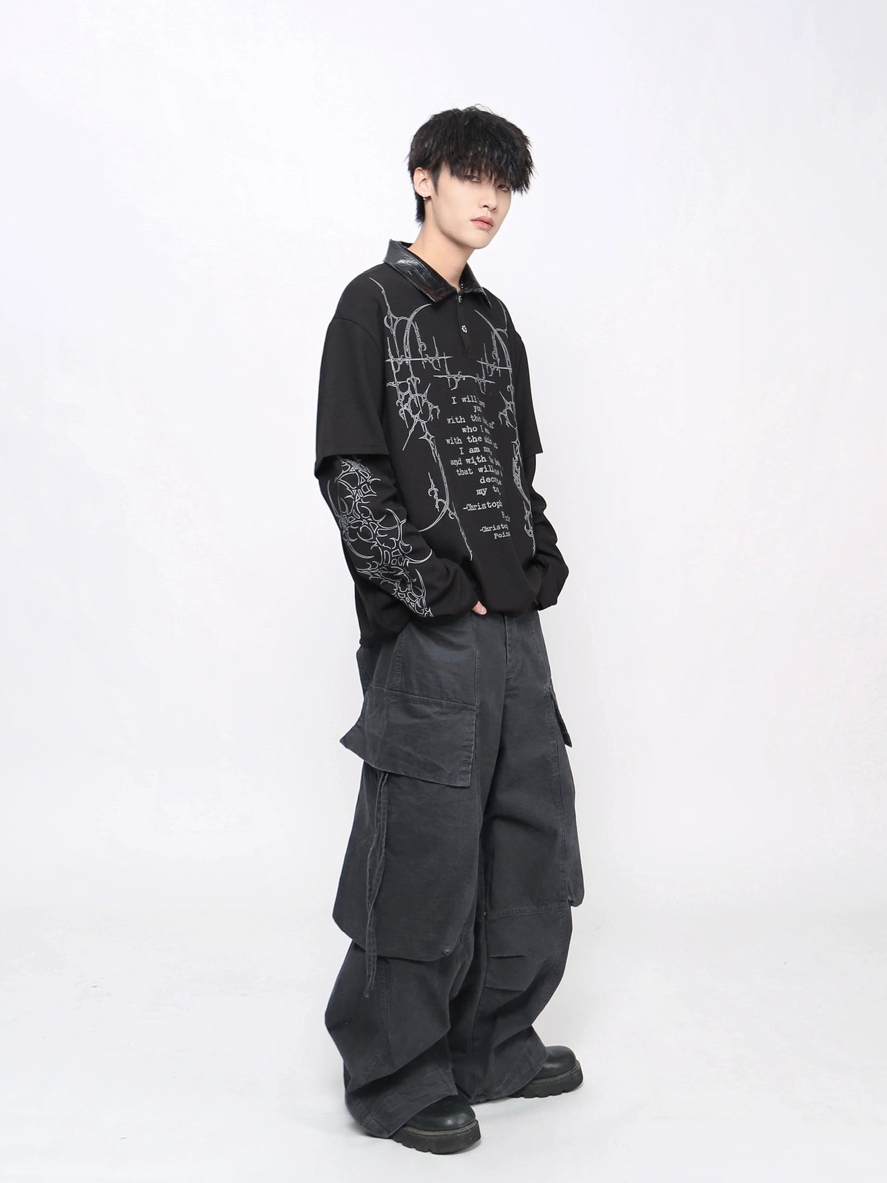 Gothic Print Fake Layered Waffle Long Sleeve T-Shirt WN21030