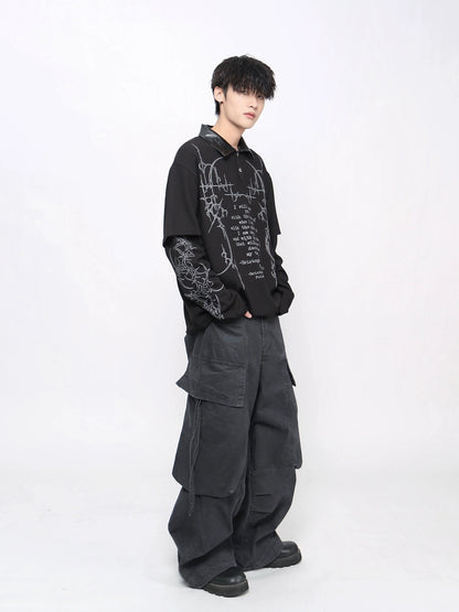 Gothic Print Fake Layered Waffle Long Sleeve T-Shirt WN21030