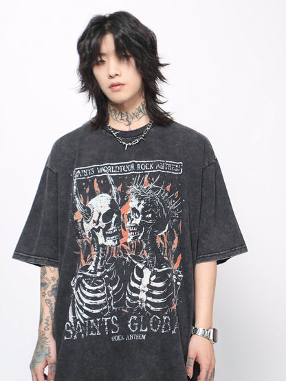 Skull Print Washed Oversize Short Sleeve T-Shirt WN24419